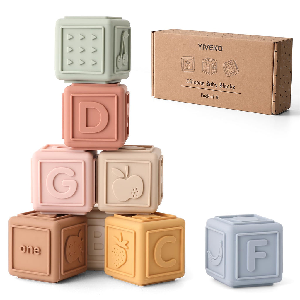 YIVEKO 8-Pack Silicone Baby Stacking Blocks – Soft Teethers & Montessori Toys for Toddlers