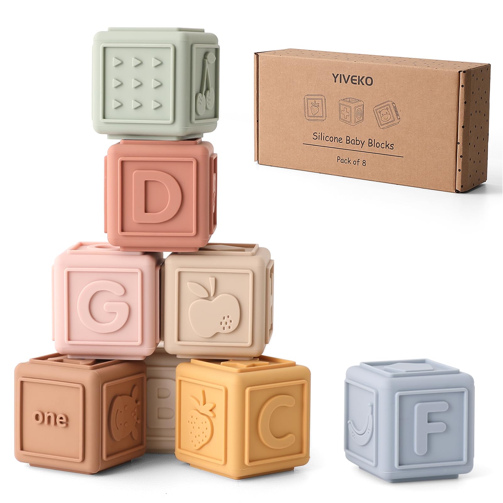 YIVEKO 8-Pack Silicone Baby Stacking Blocks – Soft Teethers & Montessori Toys for Toddlers
