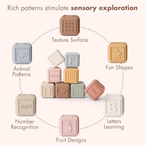 YIVEKO 8-Pack Silicone Baby Stacking Blocks – Soft Teethers & Montessori Toys for Toddlers