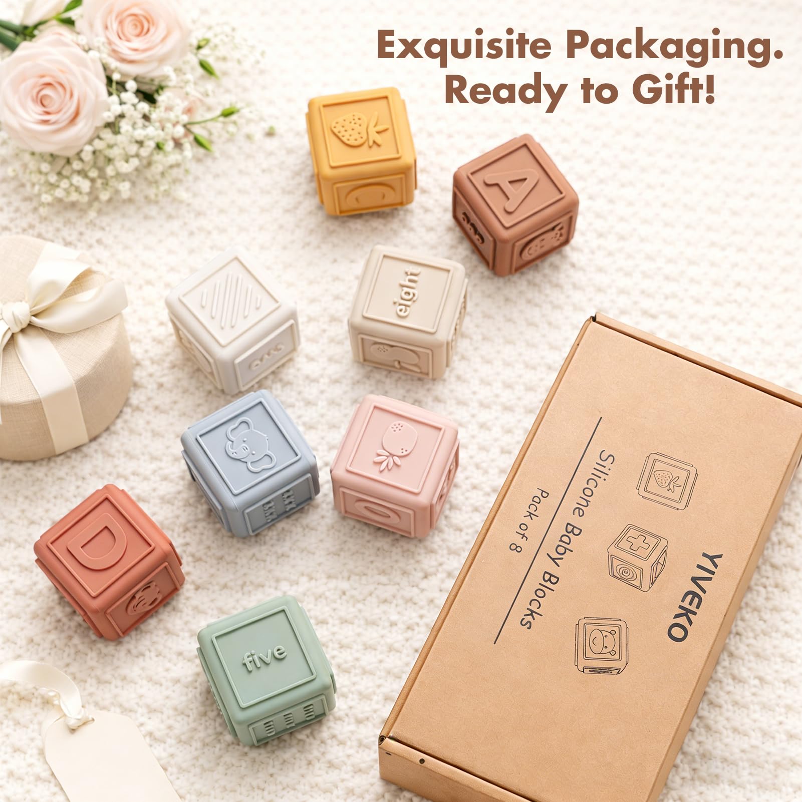 YIVEKO 8-Pack Silicone Baby Stacking Blocks – Soft Teethers & Montessori Toys for Toddlers