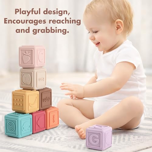 YIVEKO Silicone Baby Blocks - 8-Piece Soft Stacking Toys with Numbers, Letters, and Shapes for Teething and Early Learning