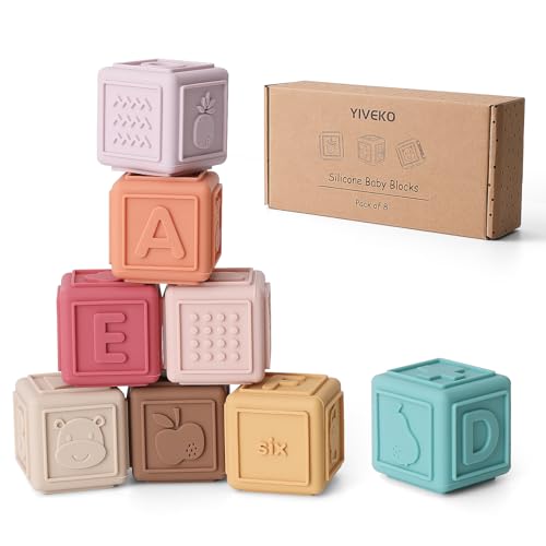 YIVEKO Silicone Baby Blocks - 8-Piece Soft Stacking Toys with Numbers, Letters, and Shapes for Teething and Early Learning