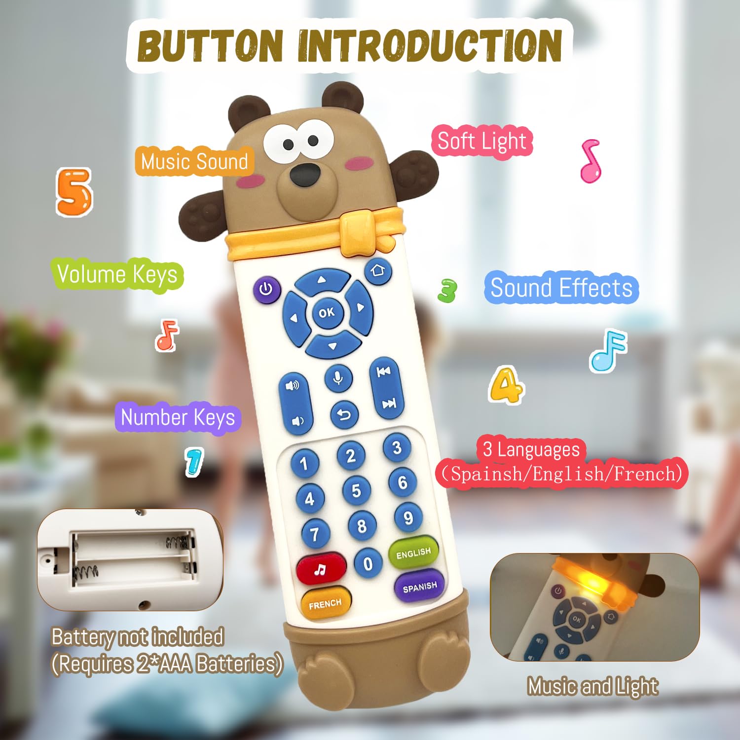 YLXHDO Baby Remote Control Toy with Music and Light – Toddler Early Education Learning Toy for Boys & Girls Ages 18 Months+ (Bear)