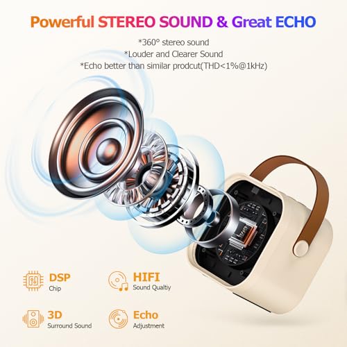 YLYYCC Mini Karaoke Machine for Kids: Portable Bluetooth Speaker with 2 Wireless Microphones, Rechargeable, 8-10 Hour Battery, Voice Changer, Travel Toy for Ages 3+