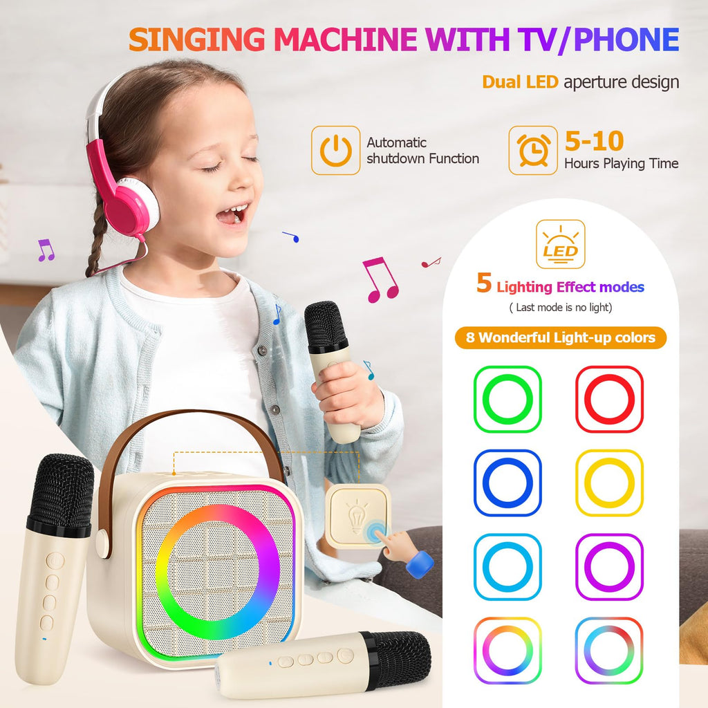 YLYYCC Mini Karaoke Machine for Kids: Portable Bluetooth Speaker with 2 Wireless Microphones, Rechargeable, 8-10 Hour Battery, Voice Changer, Travel Toy for Ages 3+