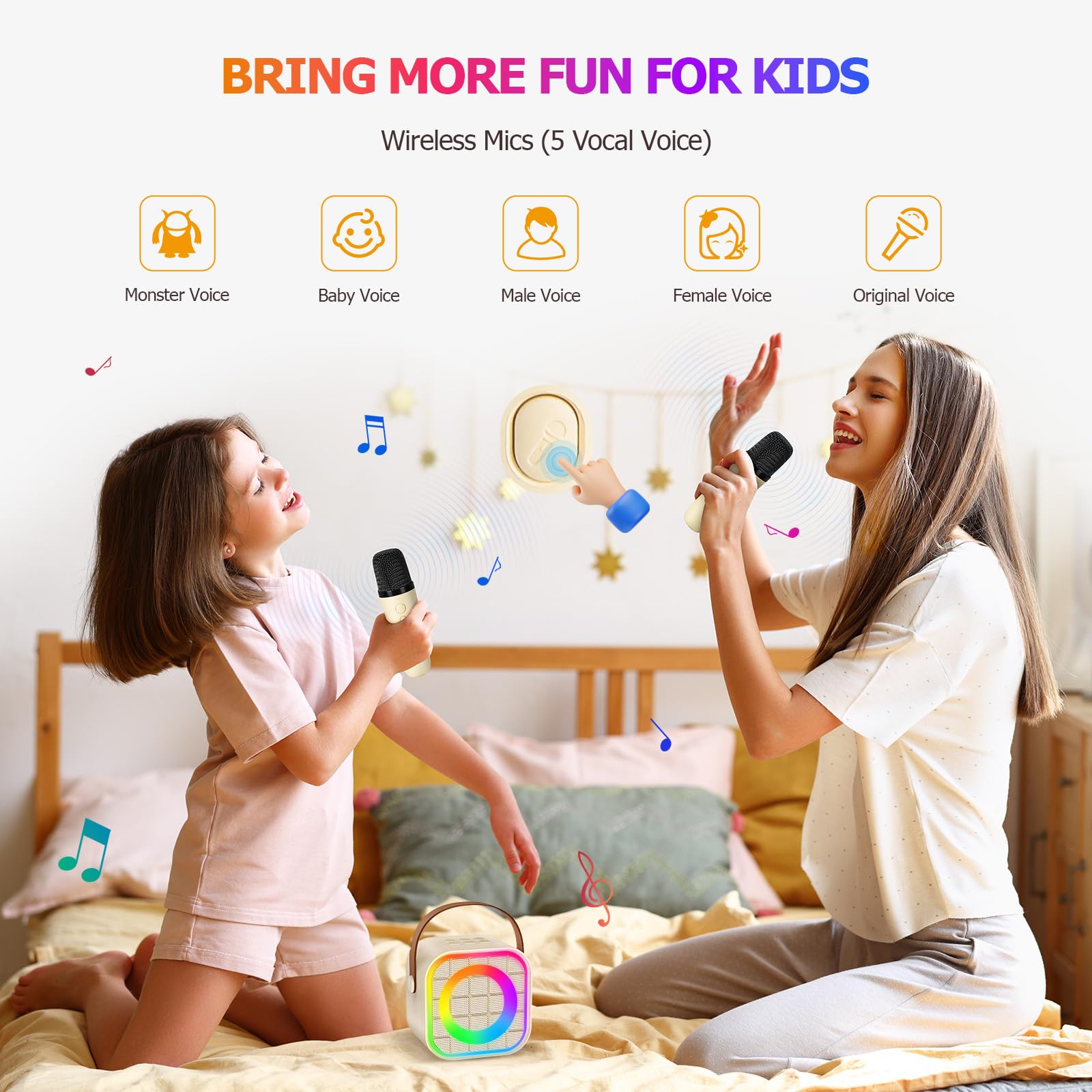 YLYYCC Mini Karaoke Machine for Kids: Portable Bluetooth Speaker with 2 Wireless Microphones, Rechargeable, 8-10 Hour Battery, Voice Changer, Travel Toy for Ages 3+