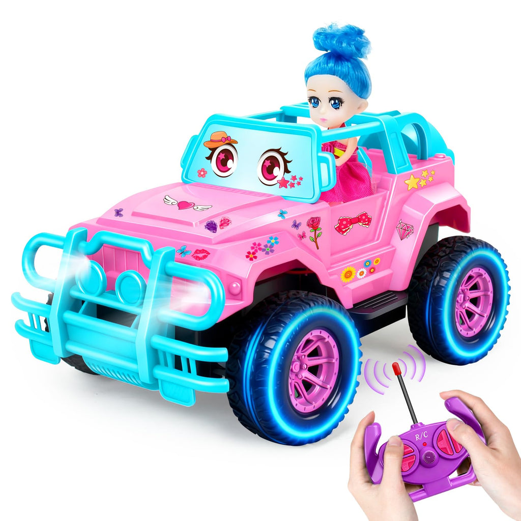 Ynybusi 1:20 Scale RC Monster Truck with LED Lights, DIY Stickers, and Doll Seat for Kids Ages 6-10