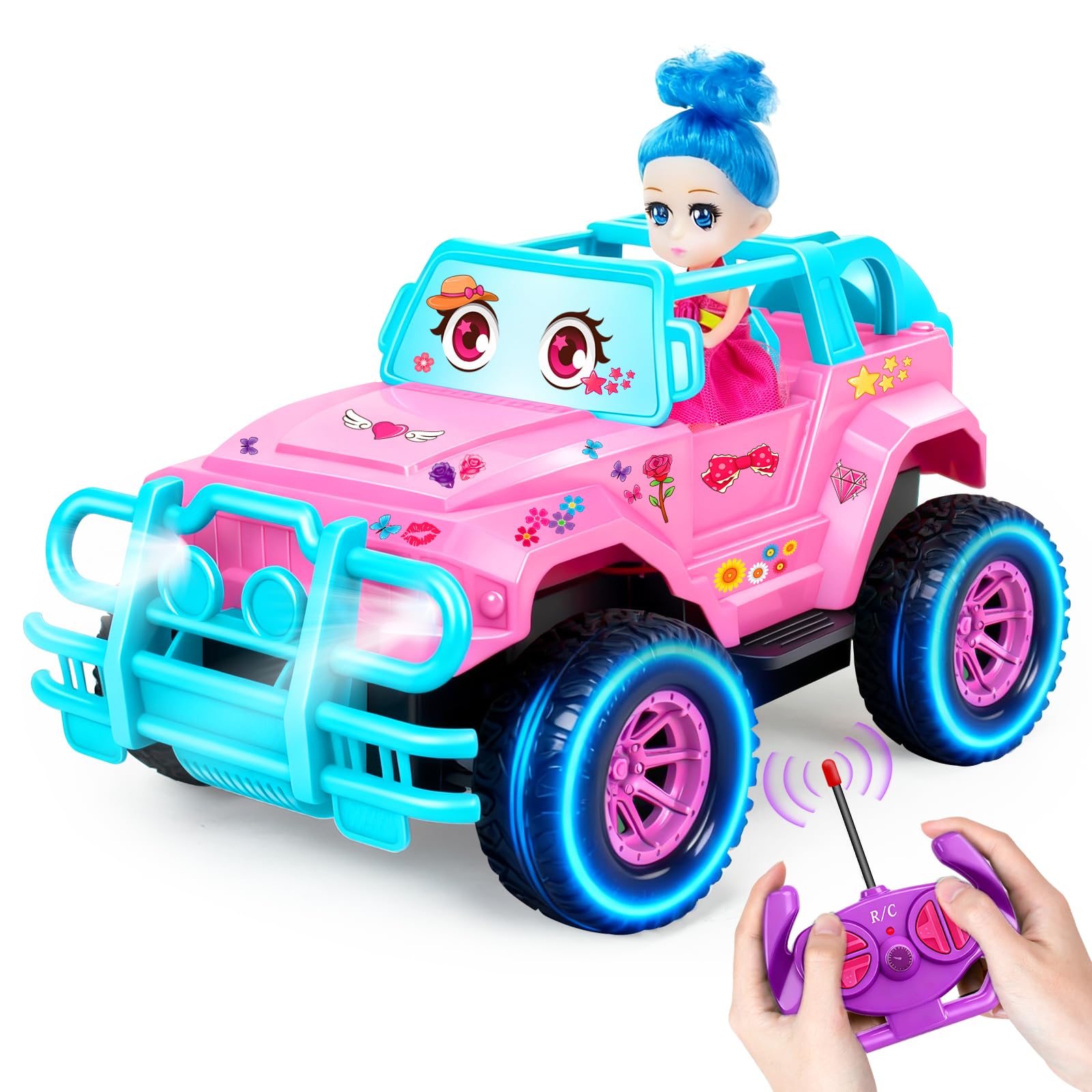 Ynybusi 1:20 Scale RC Monster Truck with LED Lights, DIY Stickers, and Doll Seat for Kids Ages 6-10