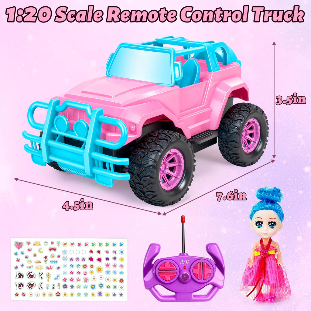 Ynybusi 1:20 Scale RC Monster Truck with LED Lights, DIY Stickers, and Doll Seat for Kids Ages 6-10