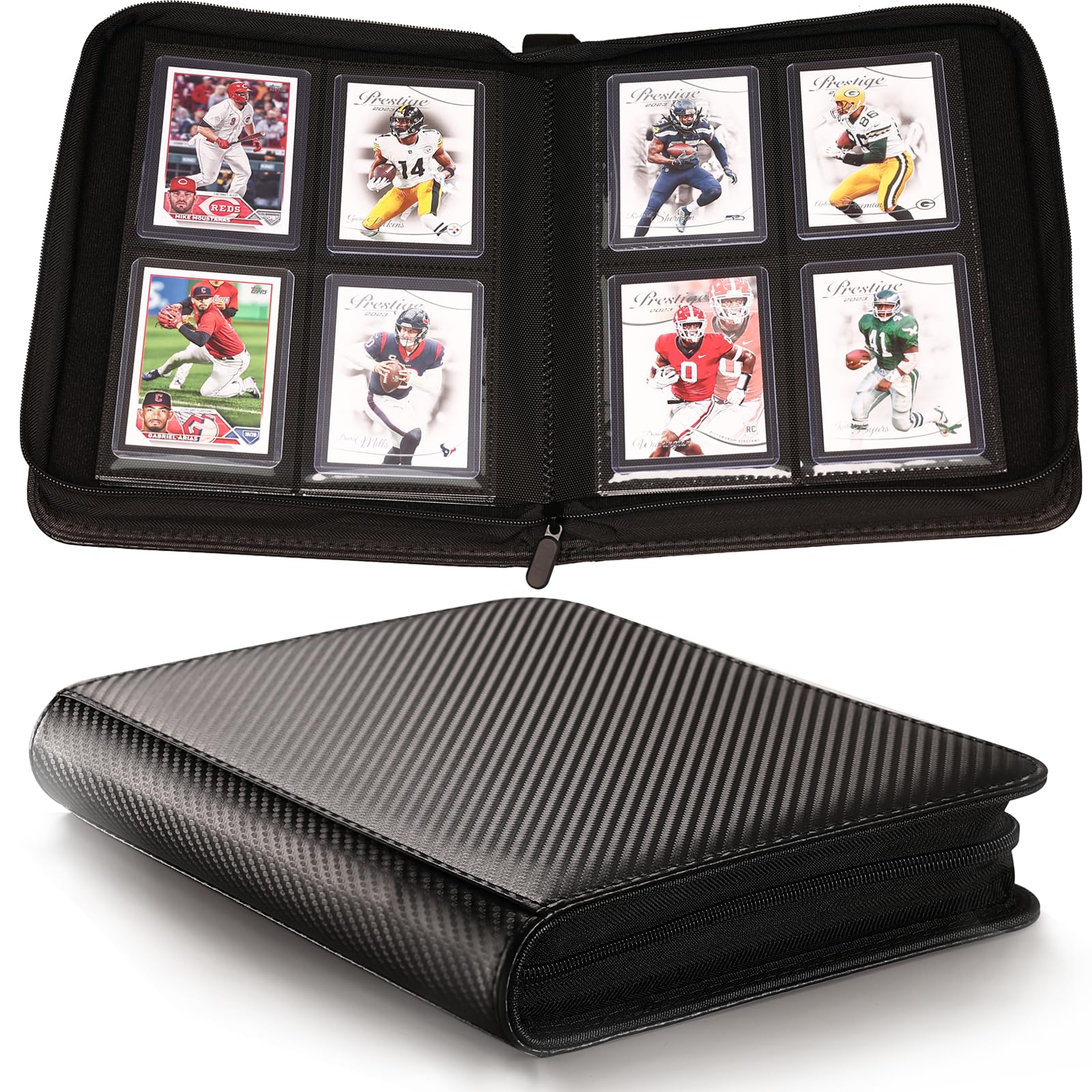 Yodamiack Toploader Binder – Holds 128 Cards in 3"x4" Sleeves, Water-Resistant PU Leather, Ringless Double-Sided Pages, Carbon Black