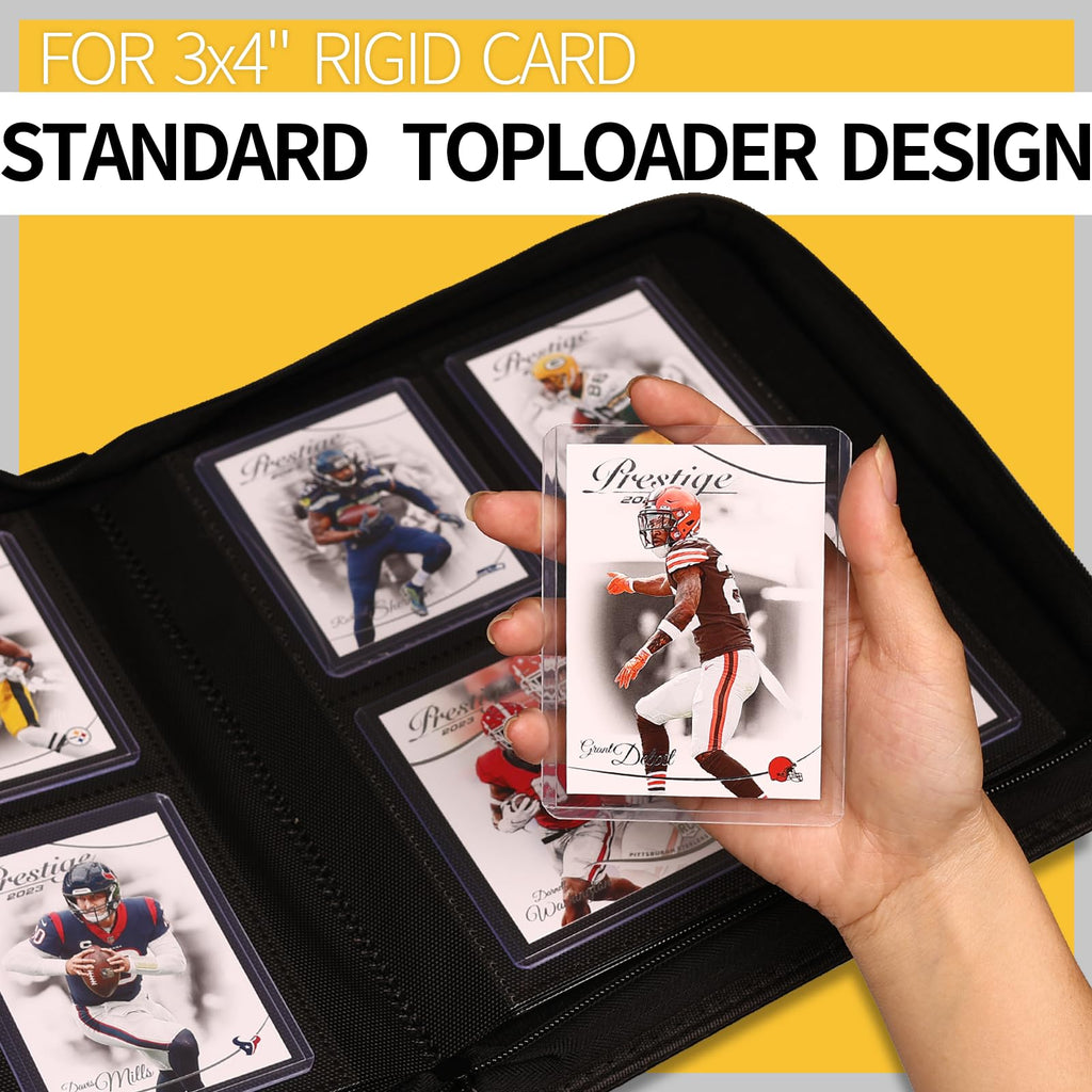Yodamiack Toploader Binder – Holds 128 Cards in 3"x4" Sleeves, Water-Resistant PU Leather, Ringless Double-Sided Pages, Carbon Black