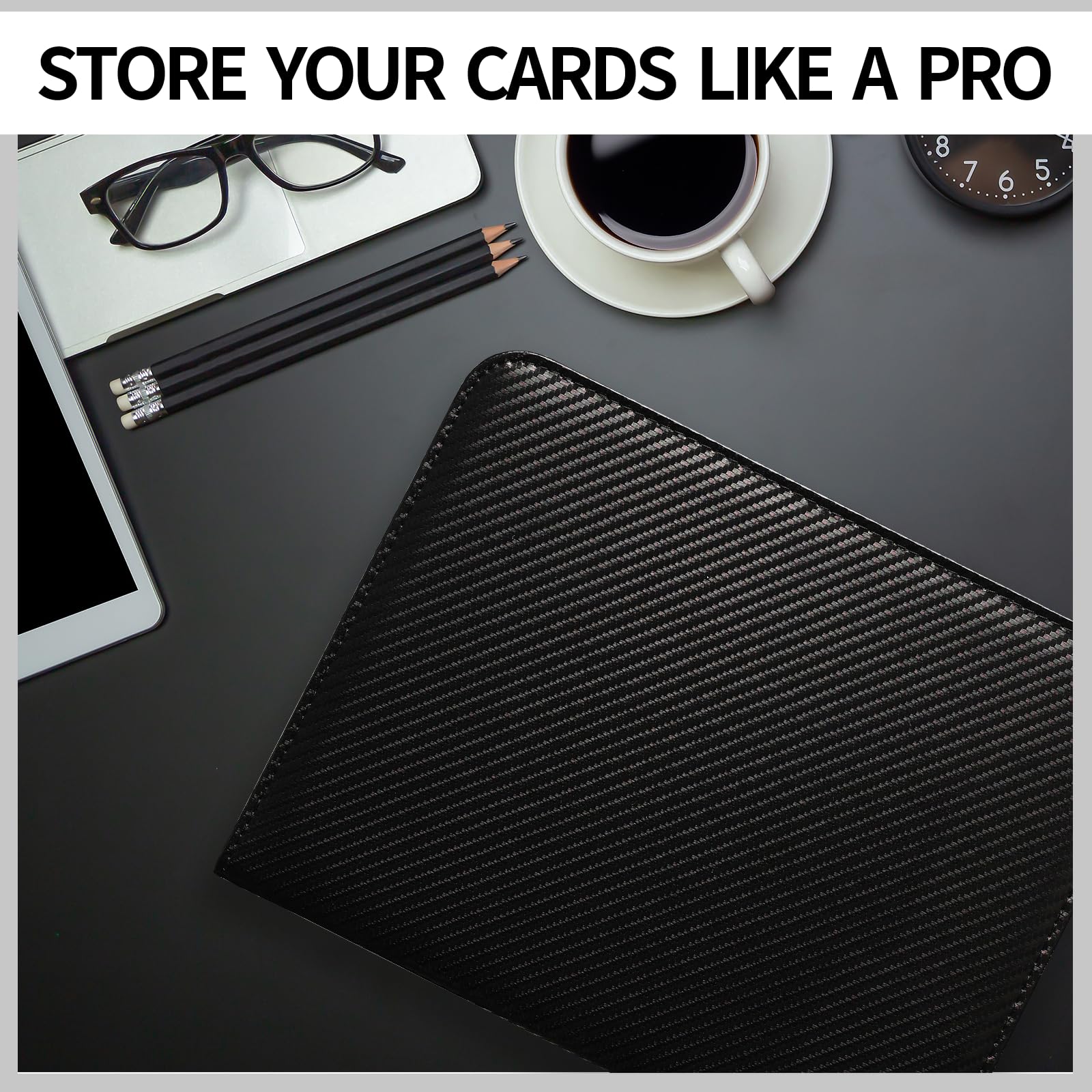 Yodamiack Toploader Binder – Holds 128 Cards in 3"x4" Sleeves, Water-Resistant PU Leather, Ringless Double-Sided Pages, Carbon Black