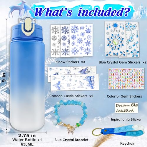 YOFUN Frozen Water Bottle Craft Kit for Girls – Decorate Your Own 630ml Leak-Proof Bottle with Stickers & Fidget Keychain, Ages 3-8