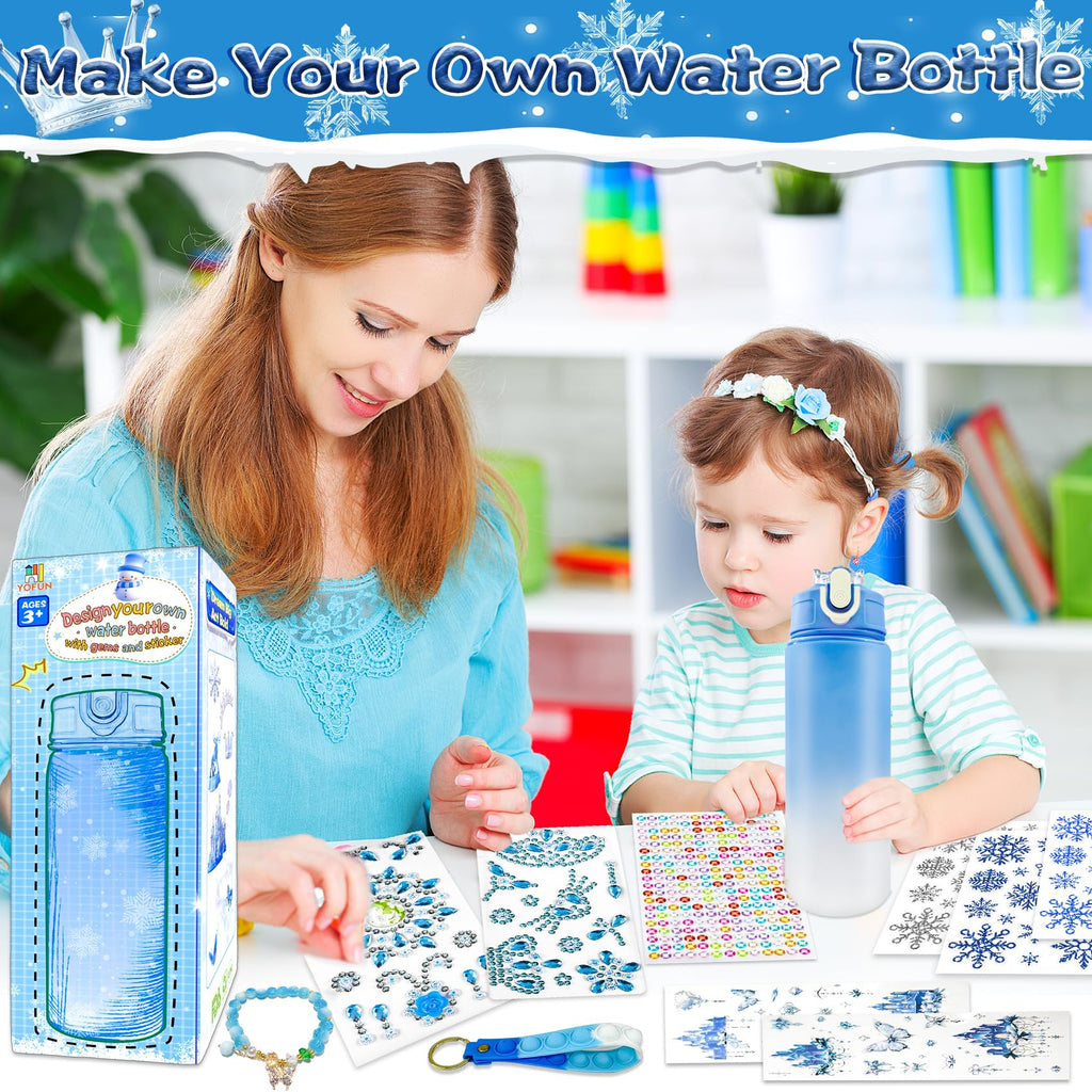 YOFUN Frozen Water Bottle Craft Kit for Girls – Decorate Your Own 630ml Leak-Proof Bottle with Stickers & Fidget Keychain, Ages 3-8