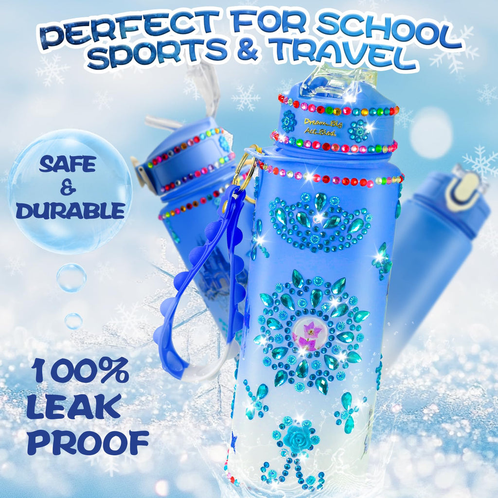 YOFUN Frozen Water Bottle Craft Kit for Girls – Decorate Your Own 630ml Leak-Proof Bottle with Stickers & Fidget Keychain, Ages 3-8