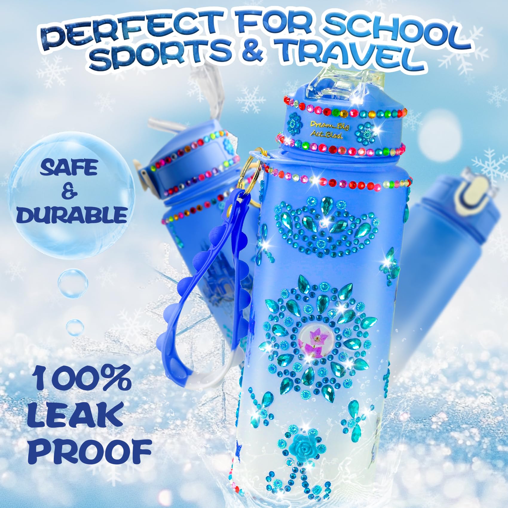 YOFUN Frozen Water Bottle Craft Kit for Girls – Decorate Your Own 630ml Leak-Proof Bottle with Stickers & Fidget Keychain, Ages 3-8