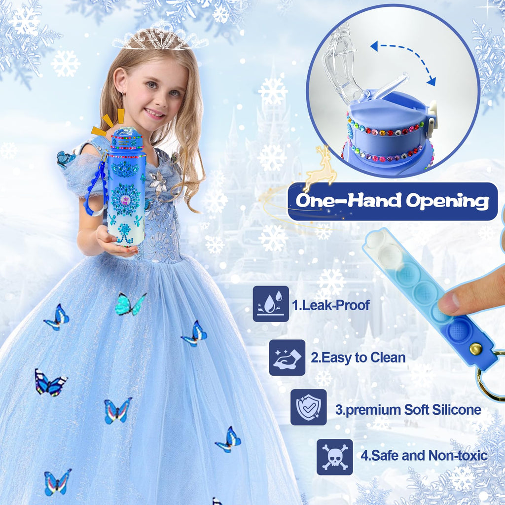 YOFUN Frozen Water Bottle Craft Kit for Girls – Decorate Your Own 630ml Leak-Proof Bottle with Stickers & Fidget Keychain, Ages 3-8