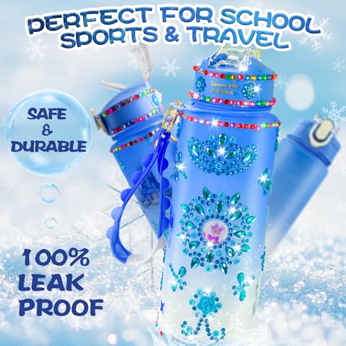 YOFUN Frozen Water Bottle Craft Kit for Girls – Decorate Your Own 630ml Leak-Proof Bottle with Stickers & Fidget Keychain, Ages 3-8