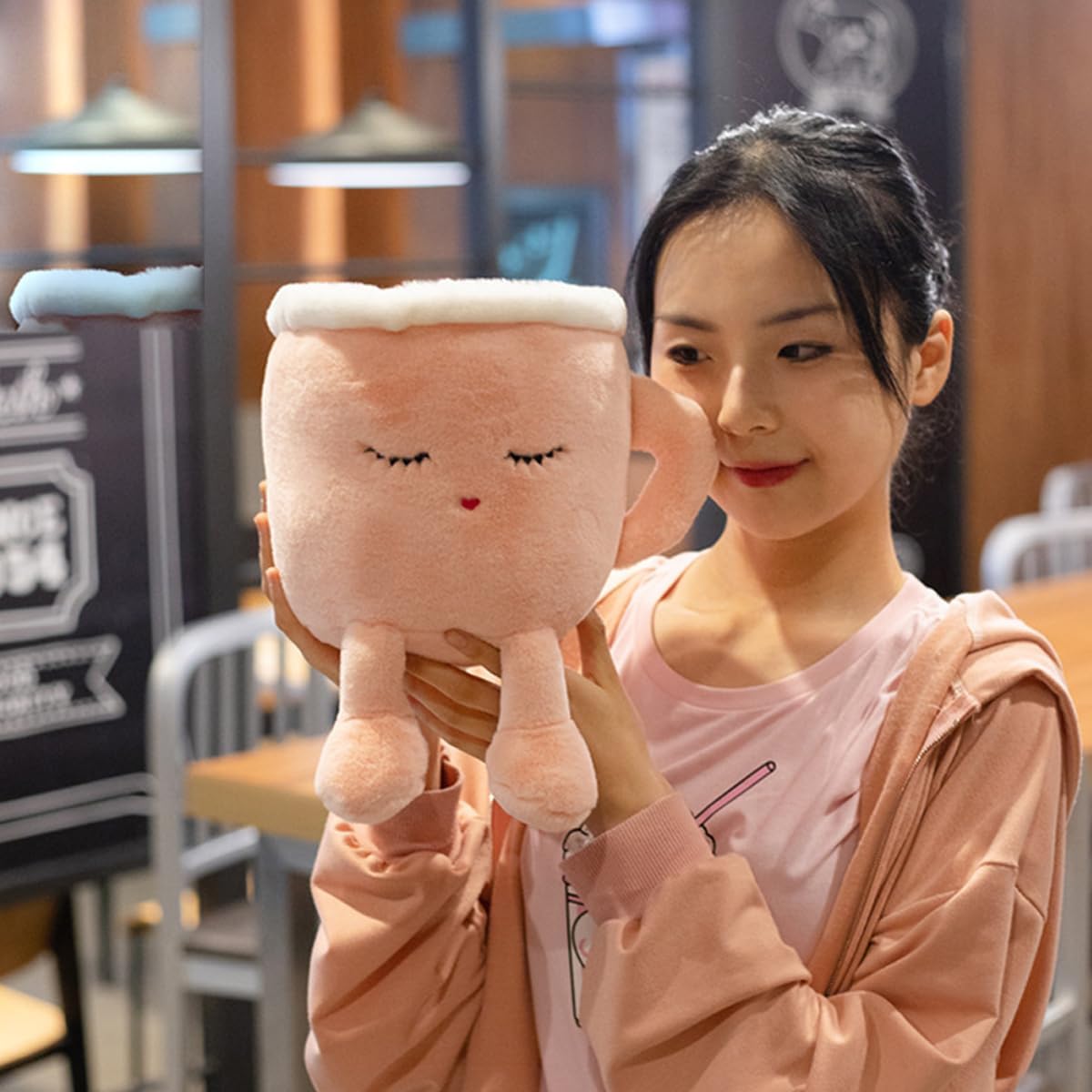 Yoholto Latte Plush Pillow – 7.8 Inch Pink Coffee Cup Stuffed Toy with Embroidered Face