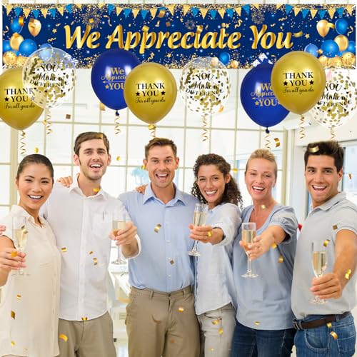 Yoirrat Blue Gold We Appreciate You Banner & 18 Balloons Set for Thank You Parties