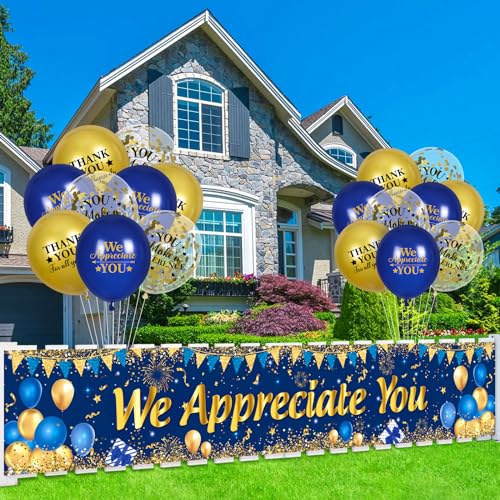 Yoirrat Blue Gold We Appreciate You Banner & 18 Balloons Set for Thank You Parties