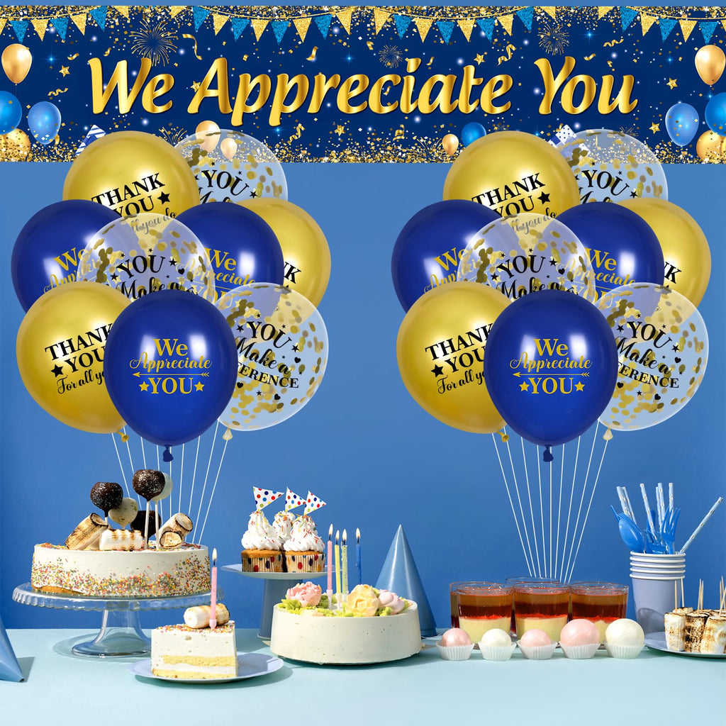 Yoirrat Blue Gold We Appreciate You Banner & 18 Balloons Set for Thank You Parties