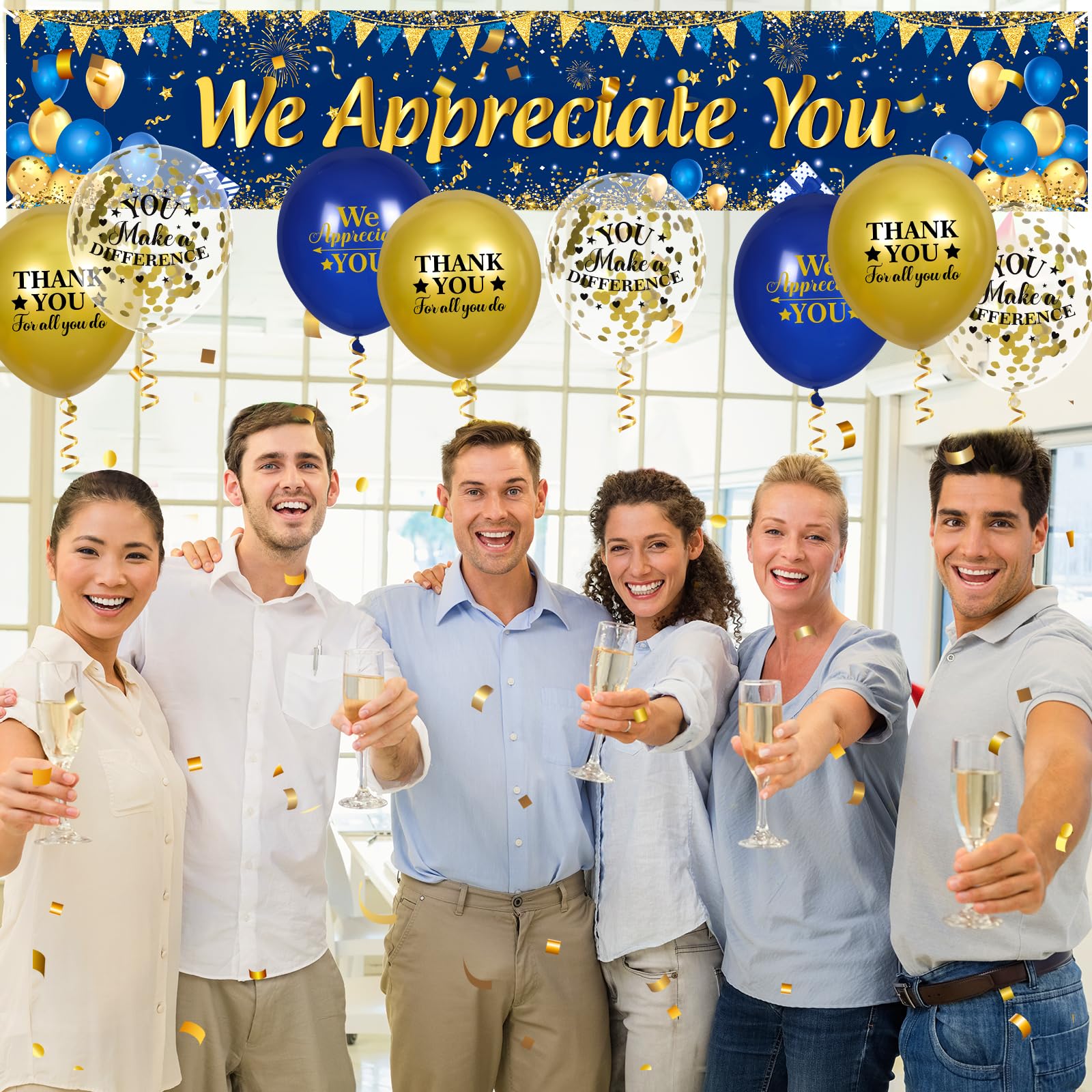 Yoirrat Blue Gold We Appreciate You Banner & 18 Balloons Set for Thank You Parties