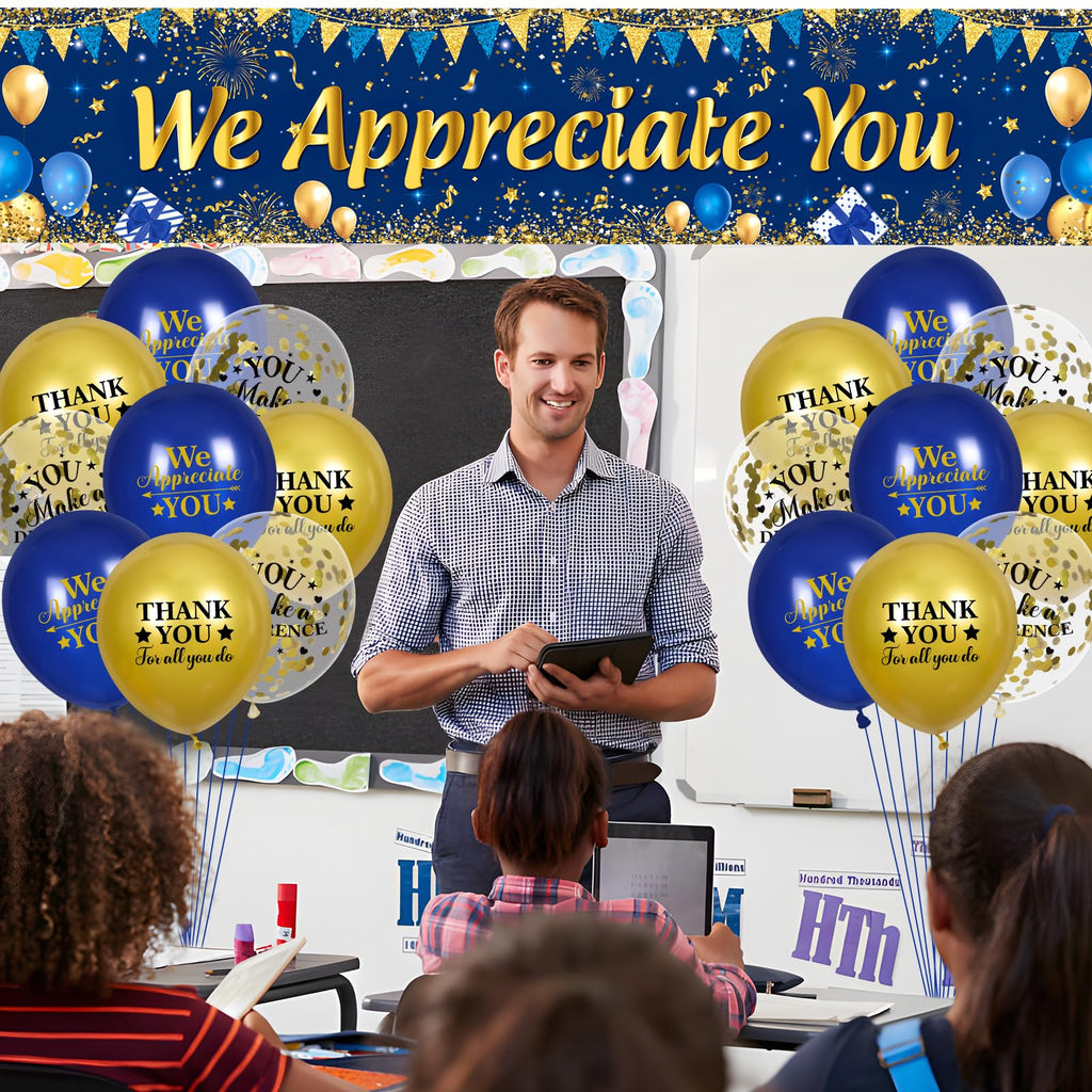 Yoirrat Blue Gold We Appreciate You Banner & 18 Balloons Set for Thank You Parties