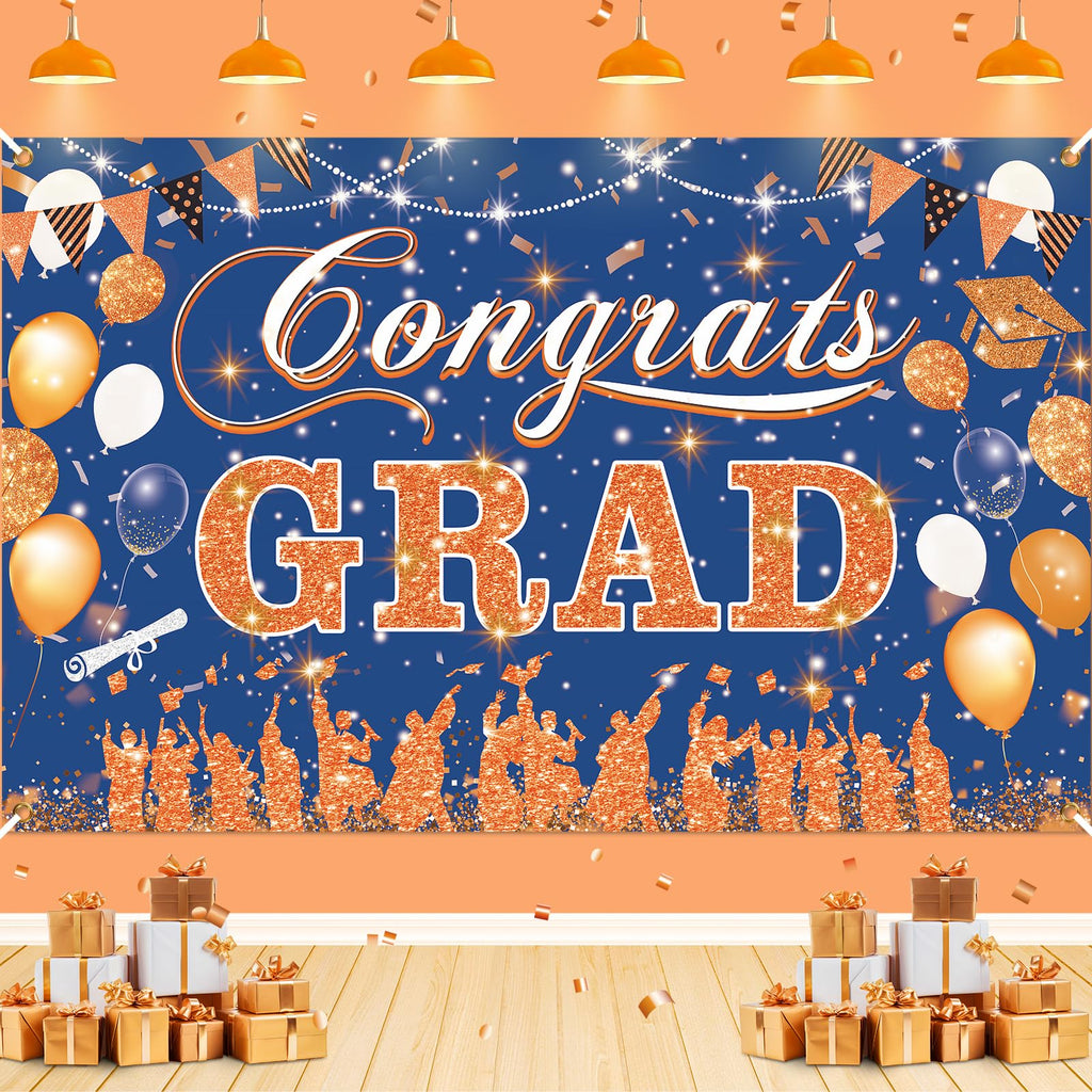 Yoirrat Blue Orange Congrats Grad Banner 2026 - 70.8x43.3 inch Graduation Decoration for Class of 2026 High School College Party