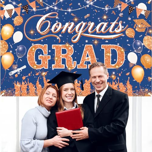 Yoirrat Blue Orange Congrats Grad Banner 2026 - 70.8x43.3 inch Graduation Decoration for Class of 2026 High School College Party