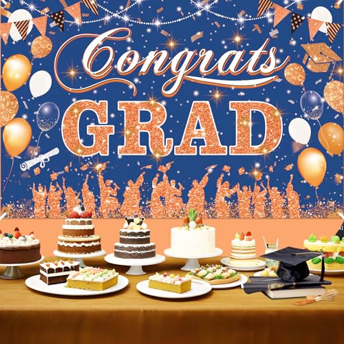 Yoirrat Blue Orange Congrats Grad Banner 2026 - 70.8x43.3 inch Graduation Decoration for Class of 2026 High School College Party