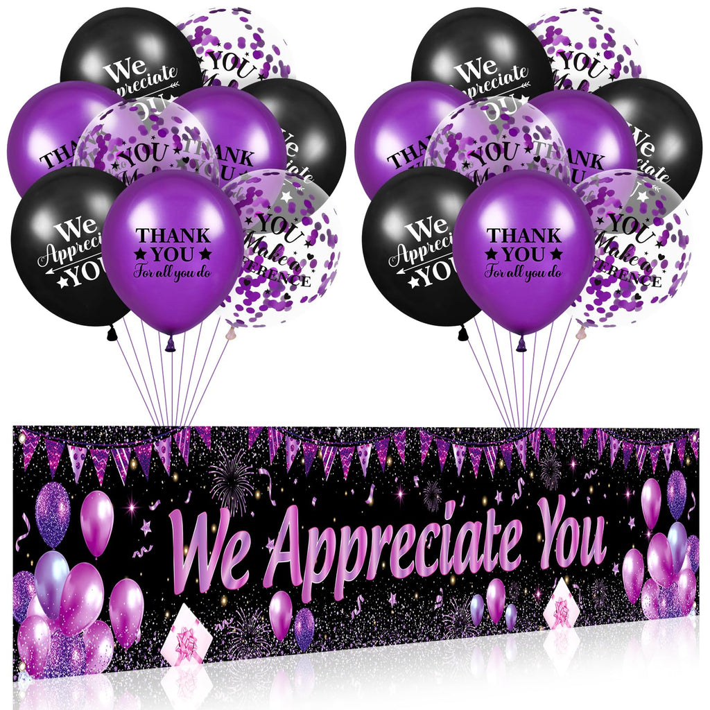 Yoirrat Purple We Appreciate You Banner Set with 18 Balloons – 98x18 Inch Thank You Yard Sign for Employee, Teacher, Doctor Appreciation Party Decorations