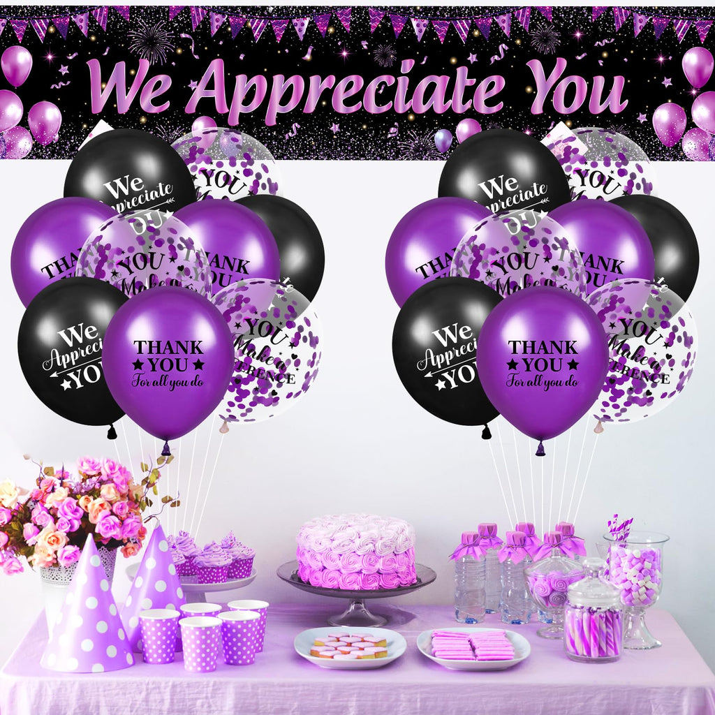 Yoirrat Purple We Appreciate You Banner Set with 18 Balloons – 98x18 Inch Thank You Yard Sign for Employee, Teacher, Doctor Appreciation Party Decorations
