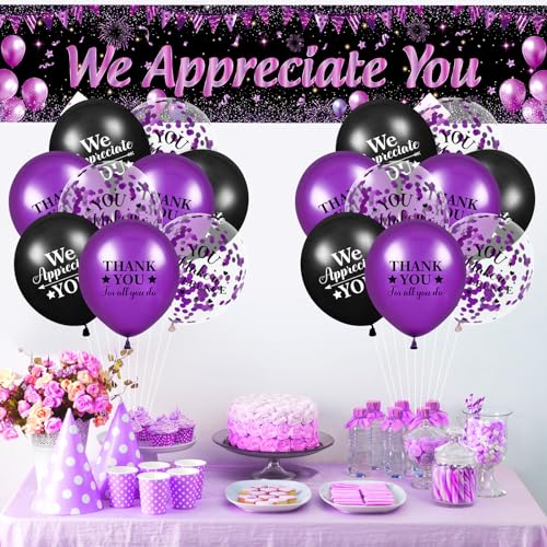 Yoirrat Purple We Appreciate You Banner Set with 18 Balloons – 98x18 Inch Thank You Yard Sign for Employee, Teacher, Doctor Appreciation Party Decorations