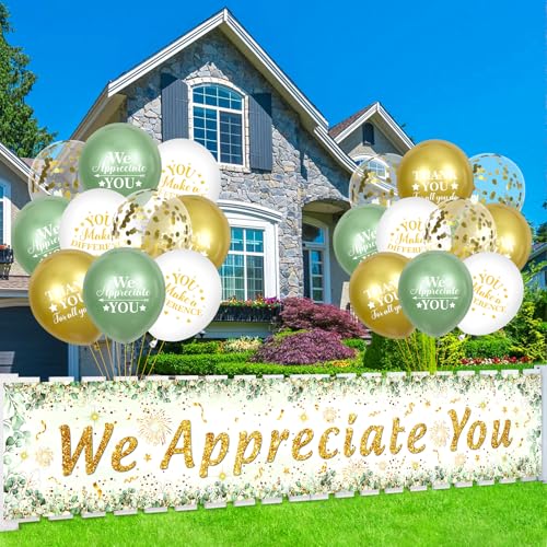 Yoirrat Sage Green We Appreciate You Banner Set - 18 Balloons & Yard Sign for Employee Staff Teacher Appreciation Party