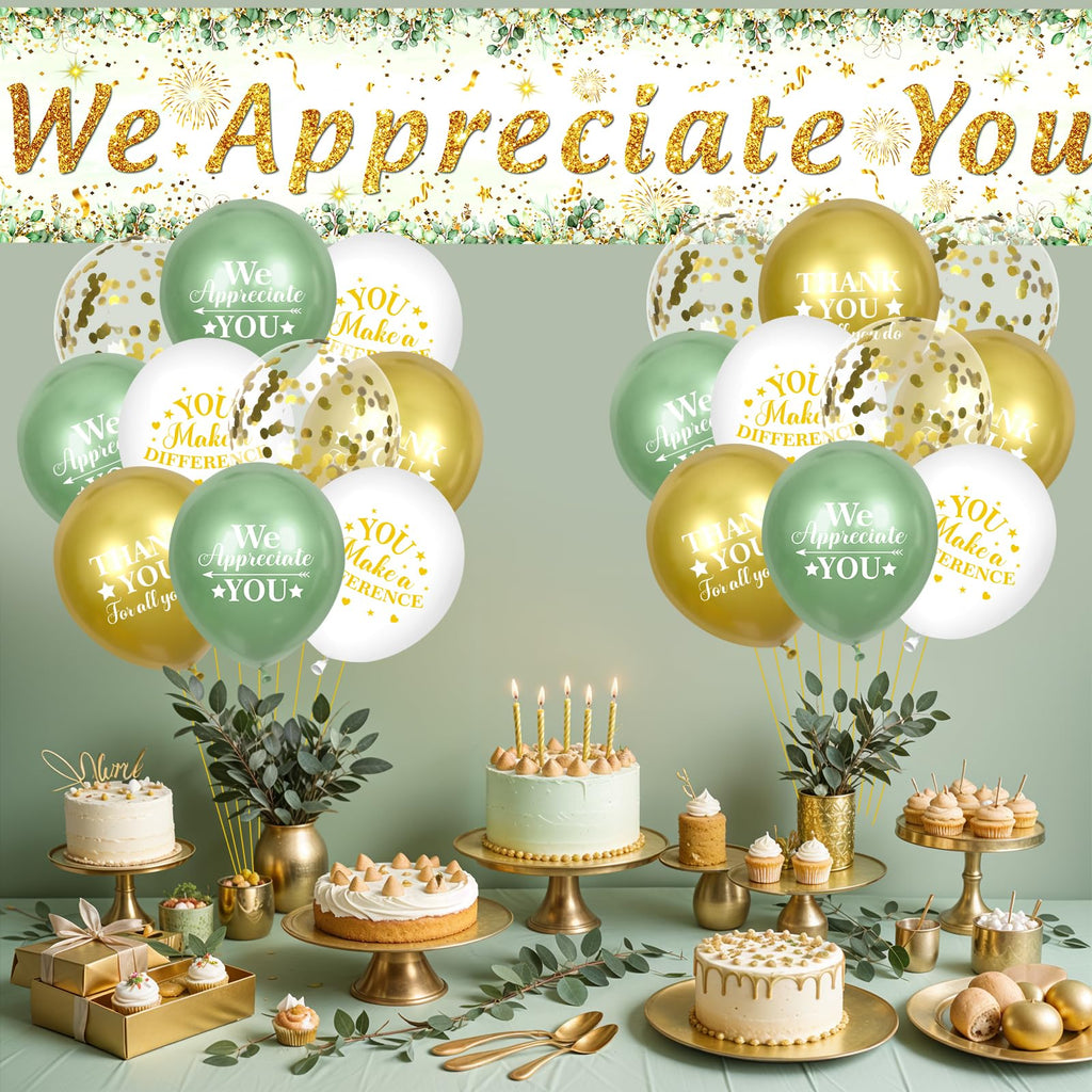Yoirrat Sage Green We Appreciate You Banner Set - 18 Balloons & Yard Sign for Employee Staff Teacher Appreciation Party