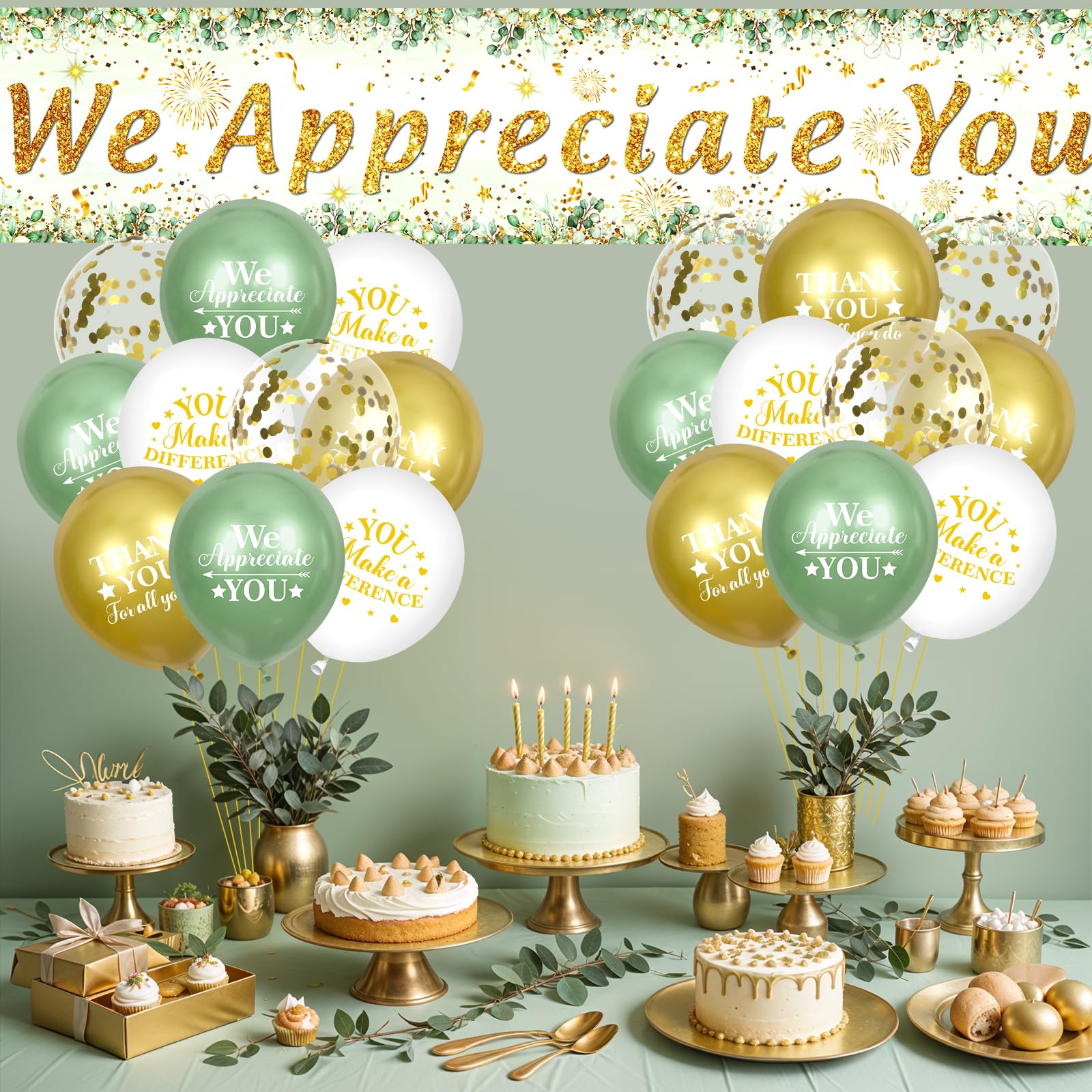 Yoirrat Sage Green We Appreciate You Banner Set - 18 Balloons & Yard Sign for Employee Staff Teacher Appreciation Party