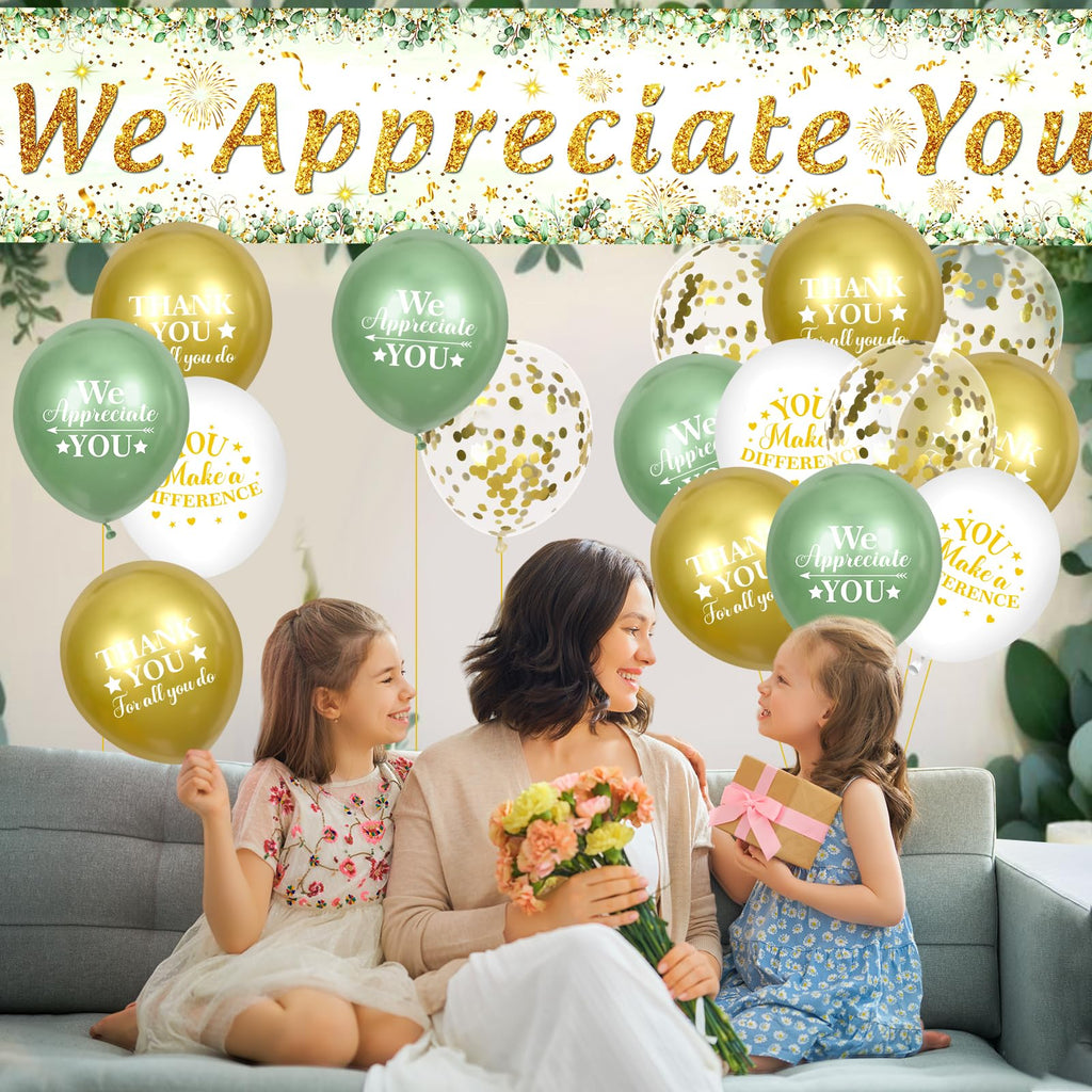 Yoirrat Sage Green We Appreciate You Banner Set - 18 Balloons & Yard Sign for Employee Staff Teacher Appreciation Party