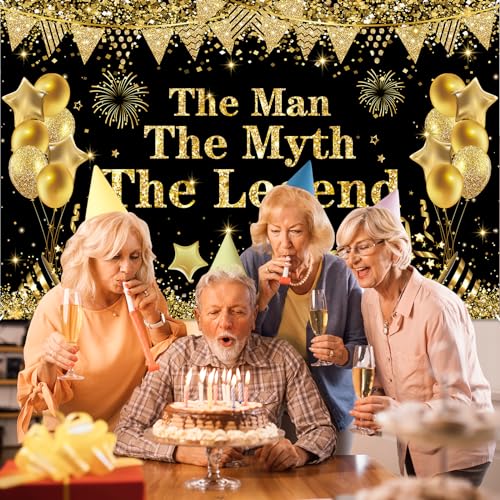 Yoirrat The Man The Myth The Legend Backdrop Banner – Black Gold Glitter Party Decor for Men