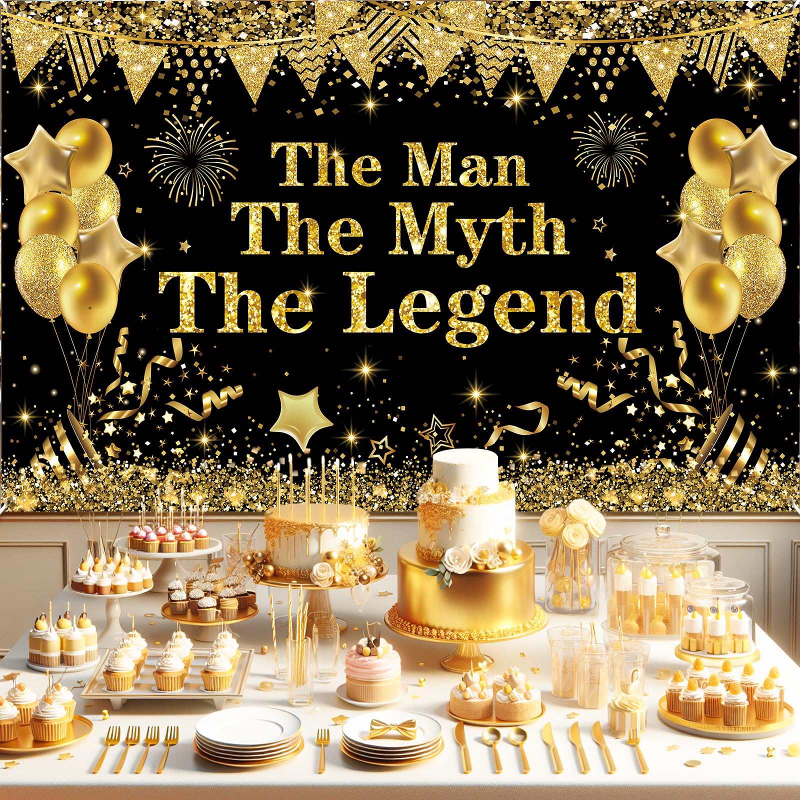 Yoirrat The Man The Myth The Legend Backdrop Banner – Black Gold Glitter Party Decor for Men