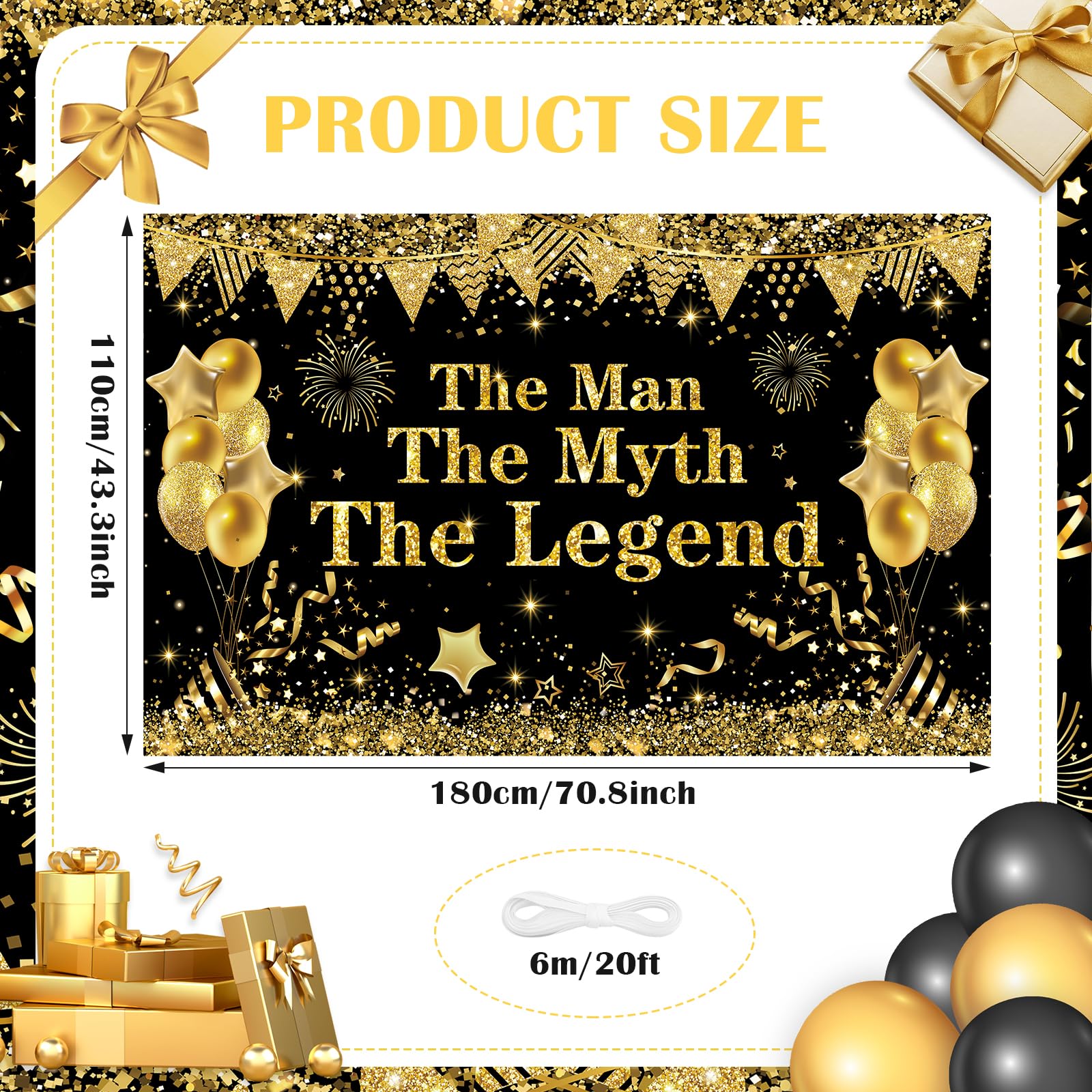 Yoirrat The Man The Myth The Legend Backdrop Banner – Black Gold Glitter Party Decor for Men