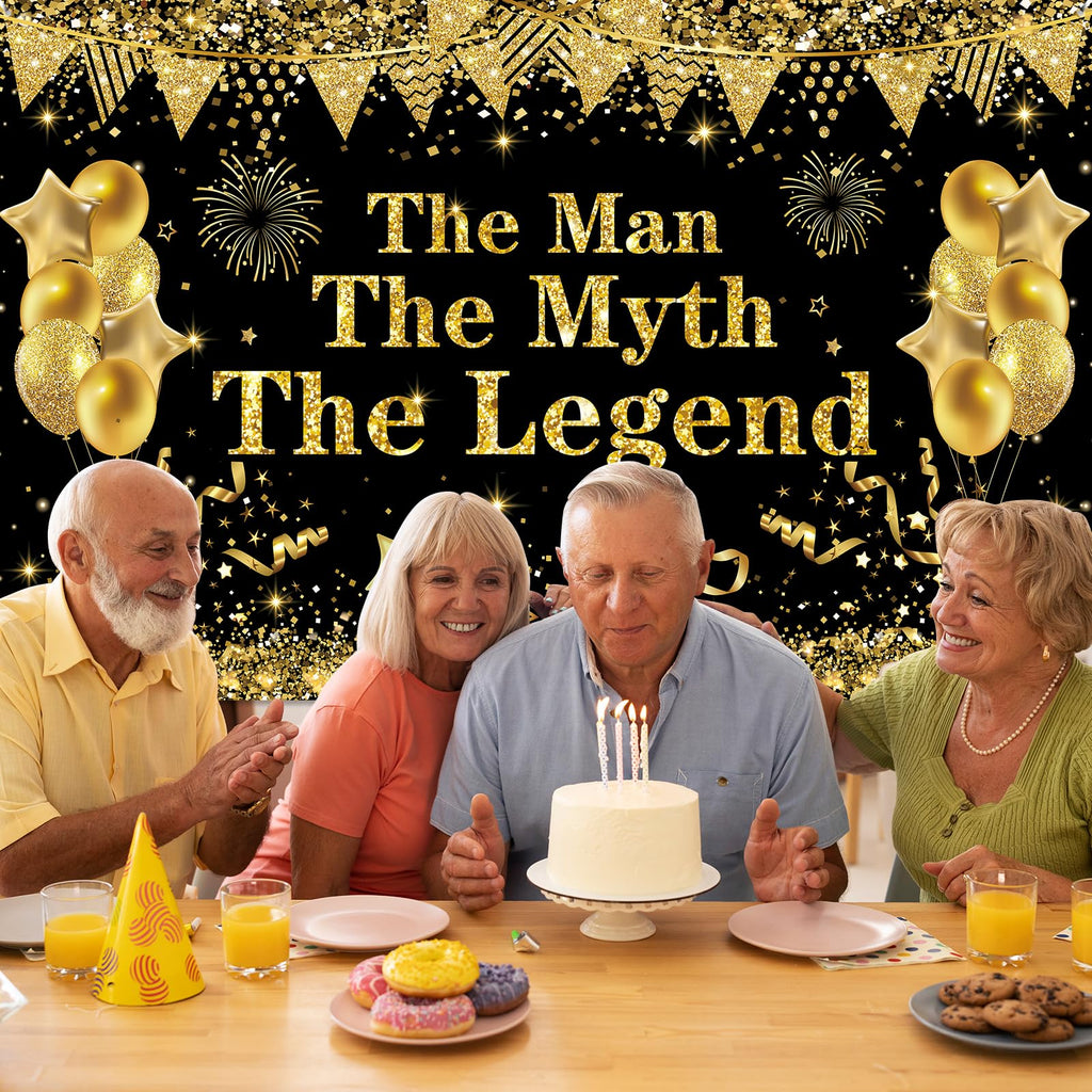 Yoirrat The Man The Myth The Legend Backdrop Banner – Black Gold Glitter Party Decor for Men
