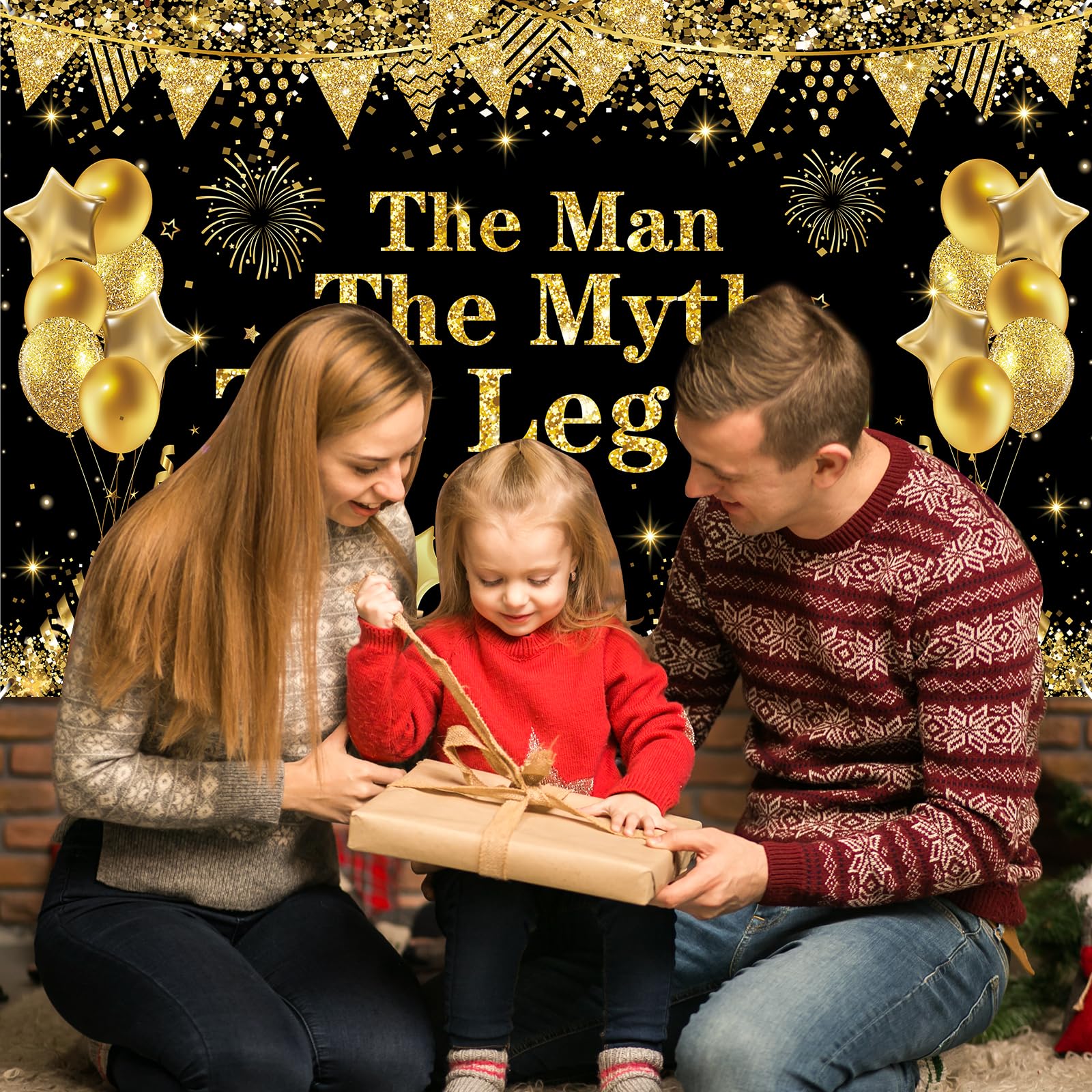 Yoirrat The Man The Myth The Legend Backdrop Banner – Black Gold Glitter Party Decor for Men