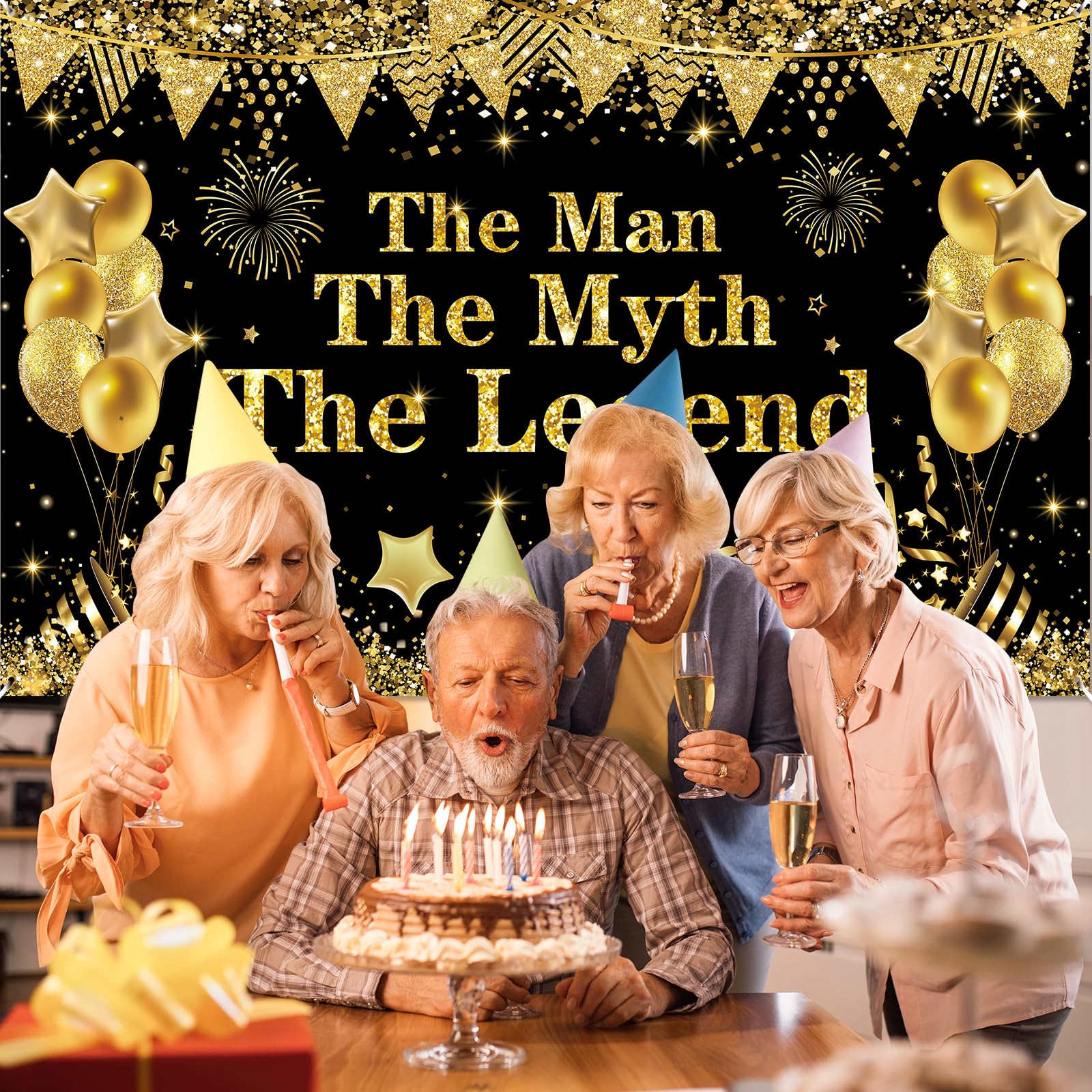 Yoirrat The Man The Myth The Legend Backdrop Banner – Black Gold Glitter Party Decor for Men