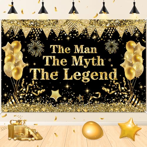 Yoirrat The Man The Myth The Legend Backdrop Banner – Black Gold Glitter Party Decor for Men