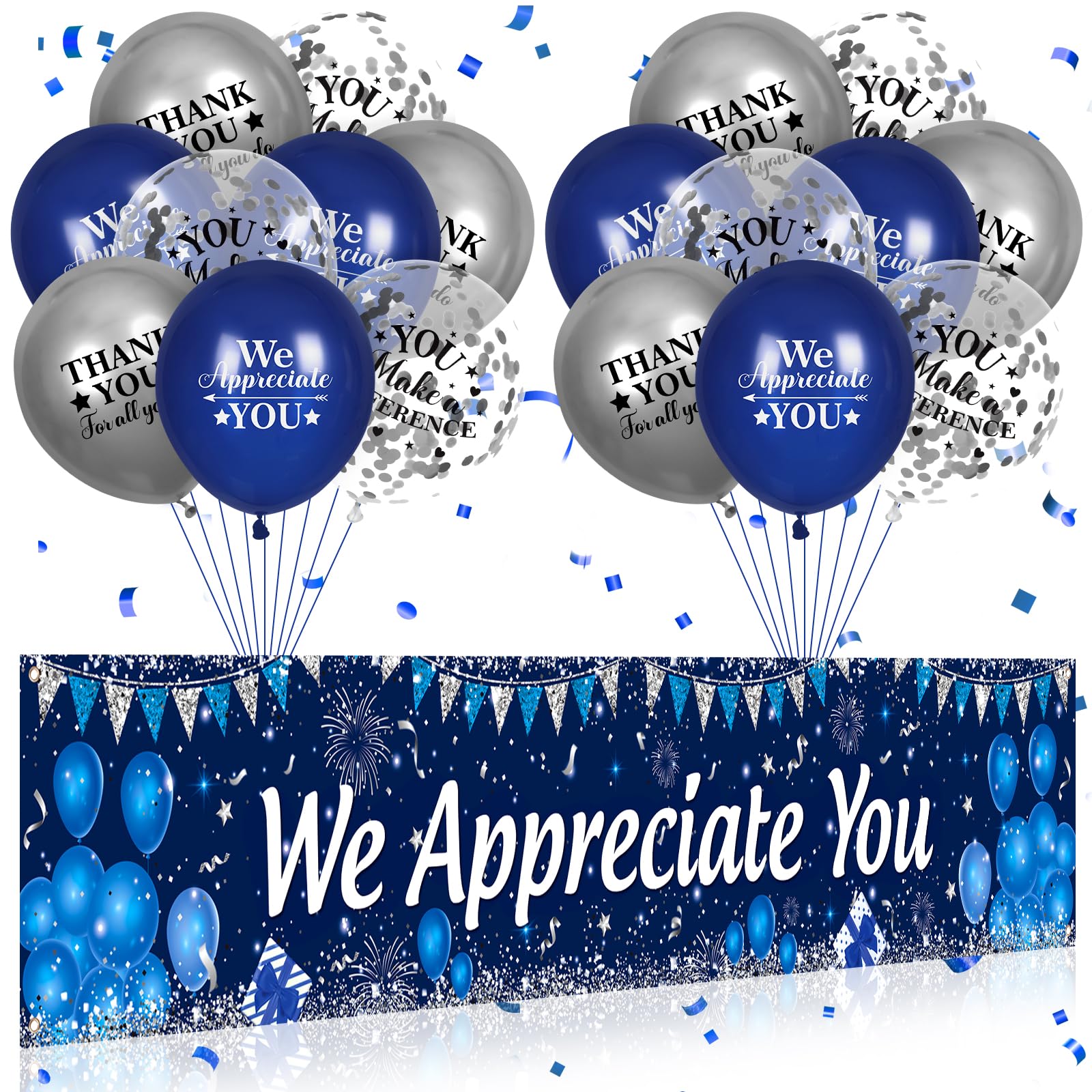 Yoirrat We Appreciate You Banner and Balloon Set – Blue Silver Appreciation Party Decor