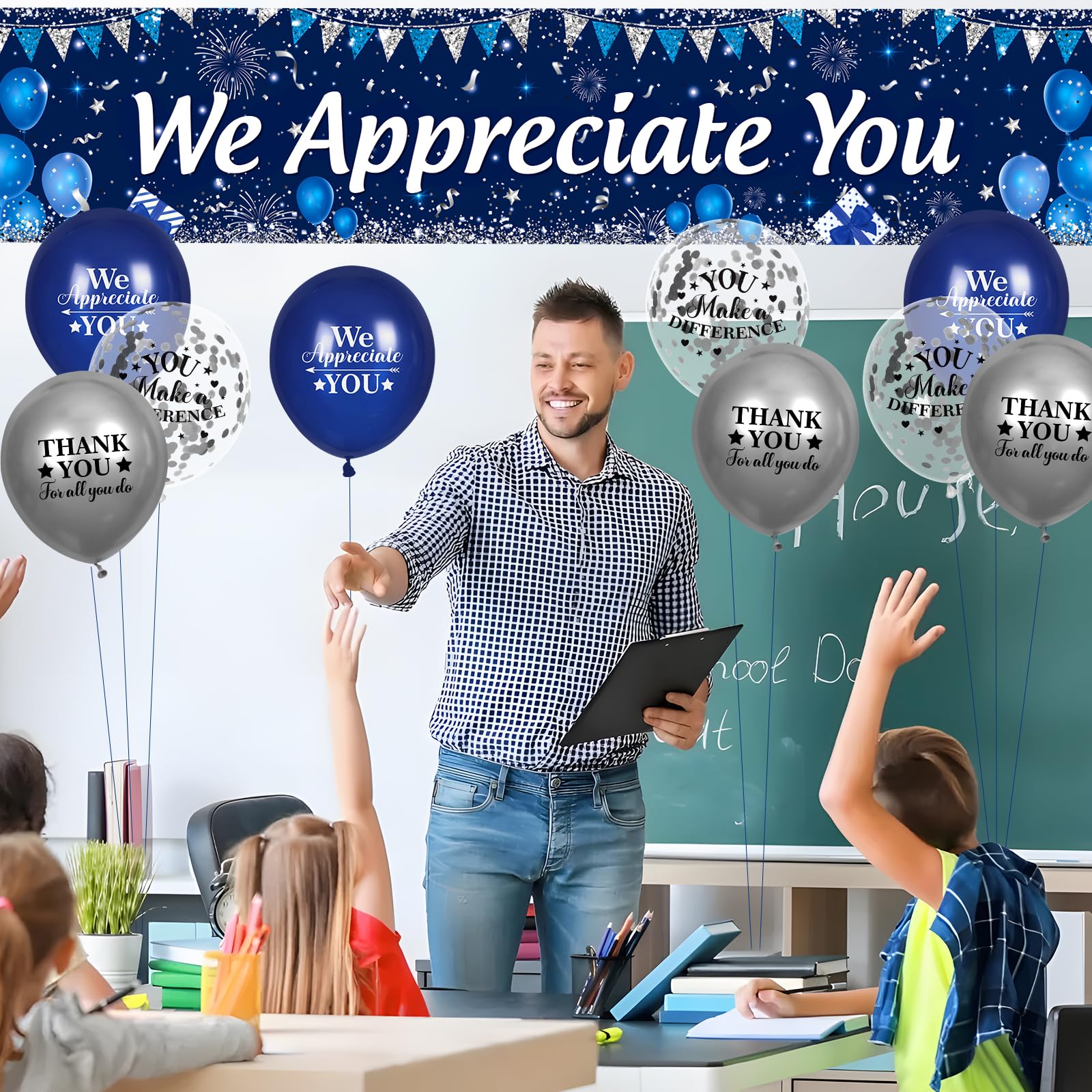 Yoirrat We Appreciate You Banner and Balloon Set – Blue Silver Appreciation Party Decor