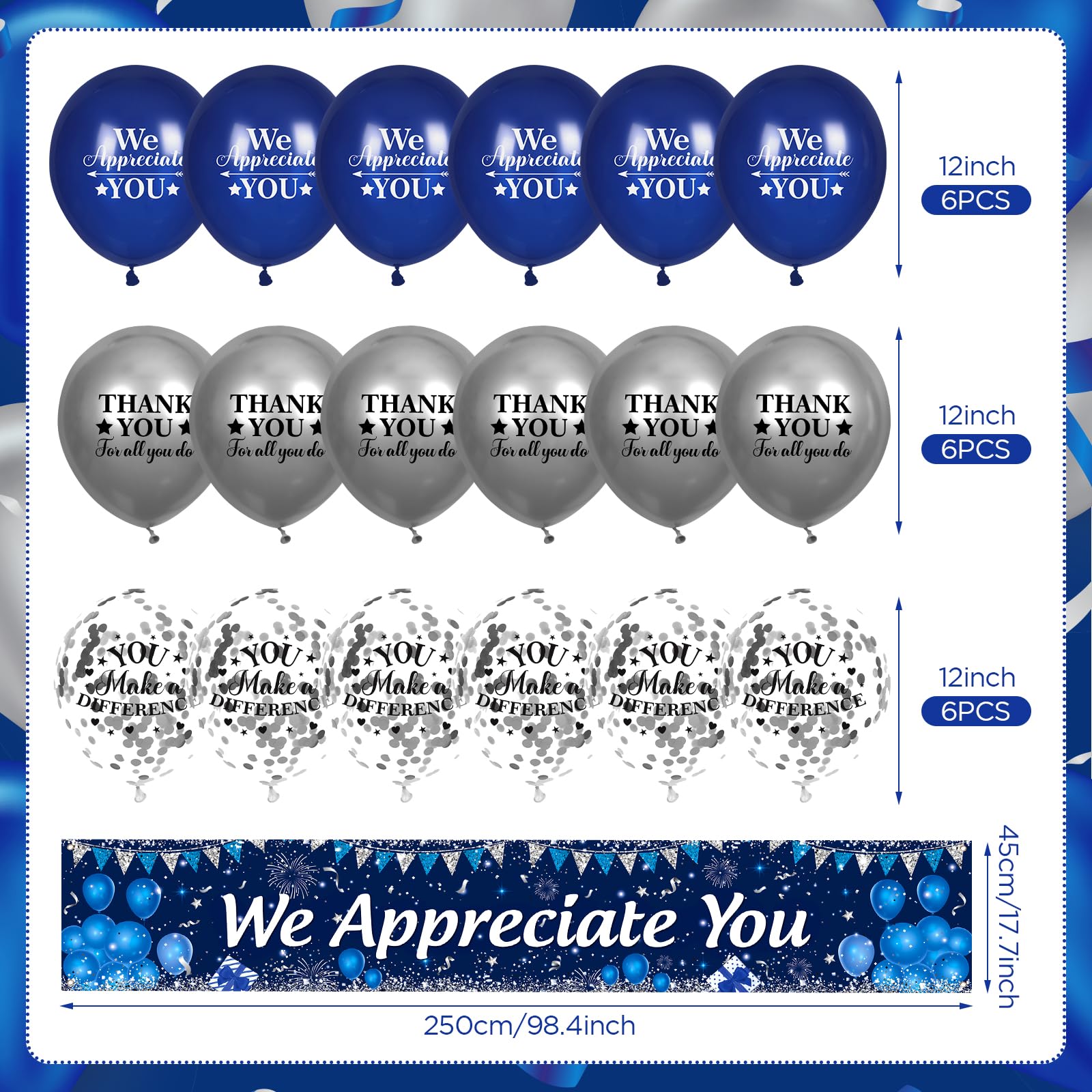 Yoirrat We Appreciate You Banner and Balloon Set – Blue Silver Appreciation Party Decor
