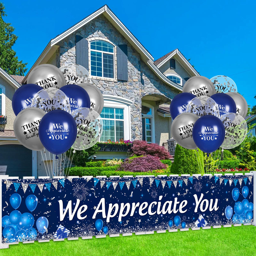 Yoirrat We Appreciate You Banner and Balloon Set – Blue Silver Appreciation Party Decor