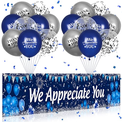 Yoirrat We Appreciate You Banner and Balloon Set – Blue Silver Appreciation Party Decor